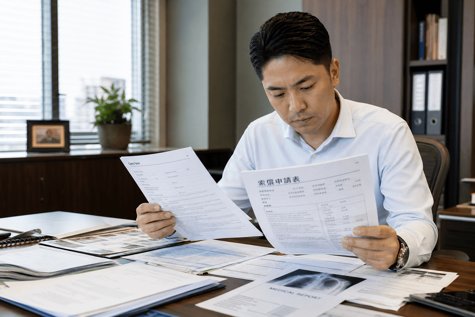 Claims adjuster reviewing bilingual insurance claim documents