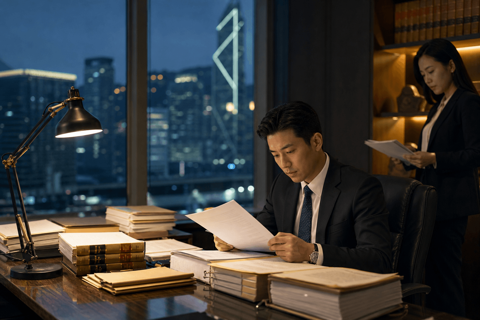 Legal team reviewing matter files and contracts in a professional office