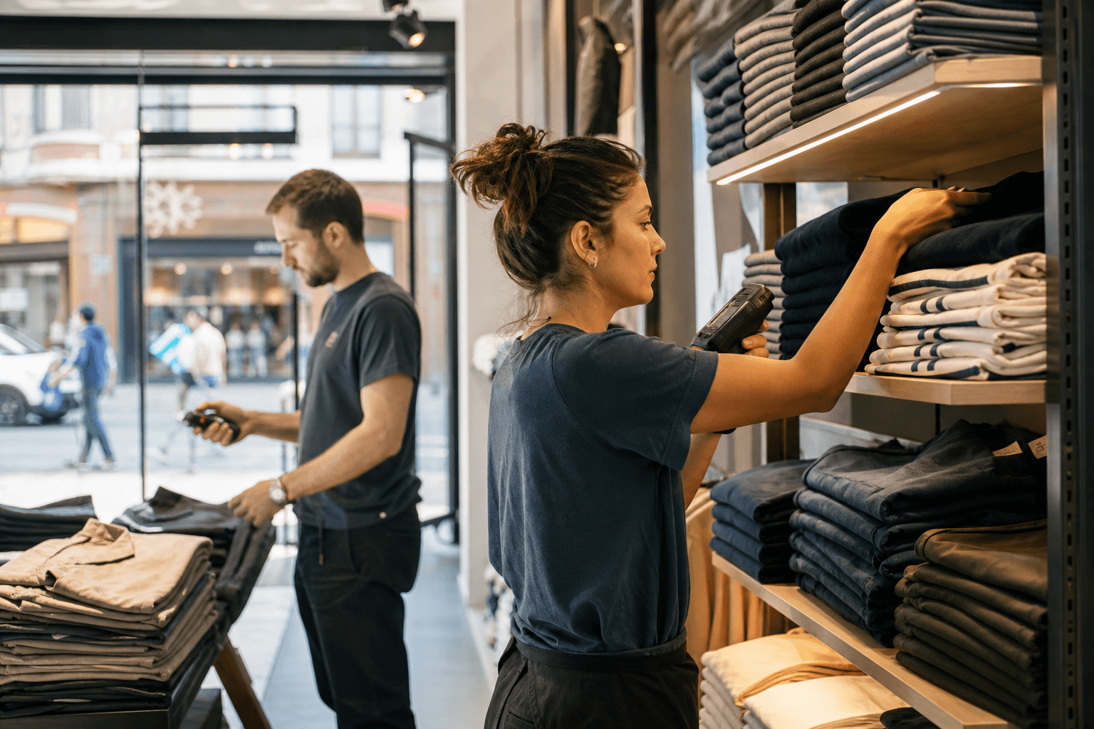 Retail staff auditing store inventory and assortment on the shop floor
