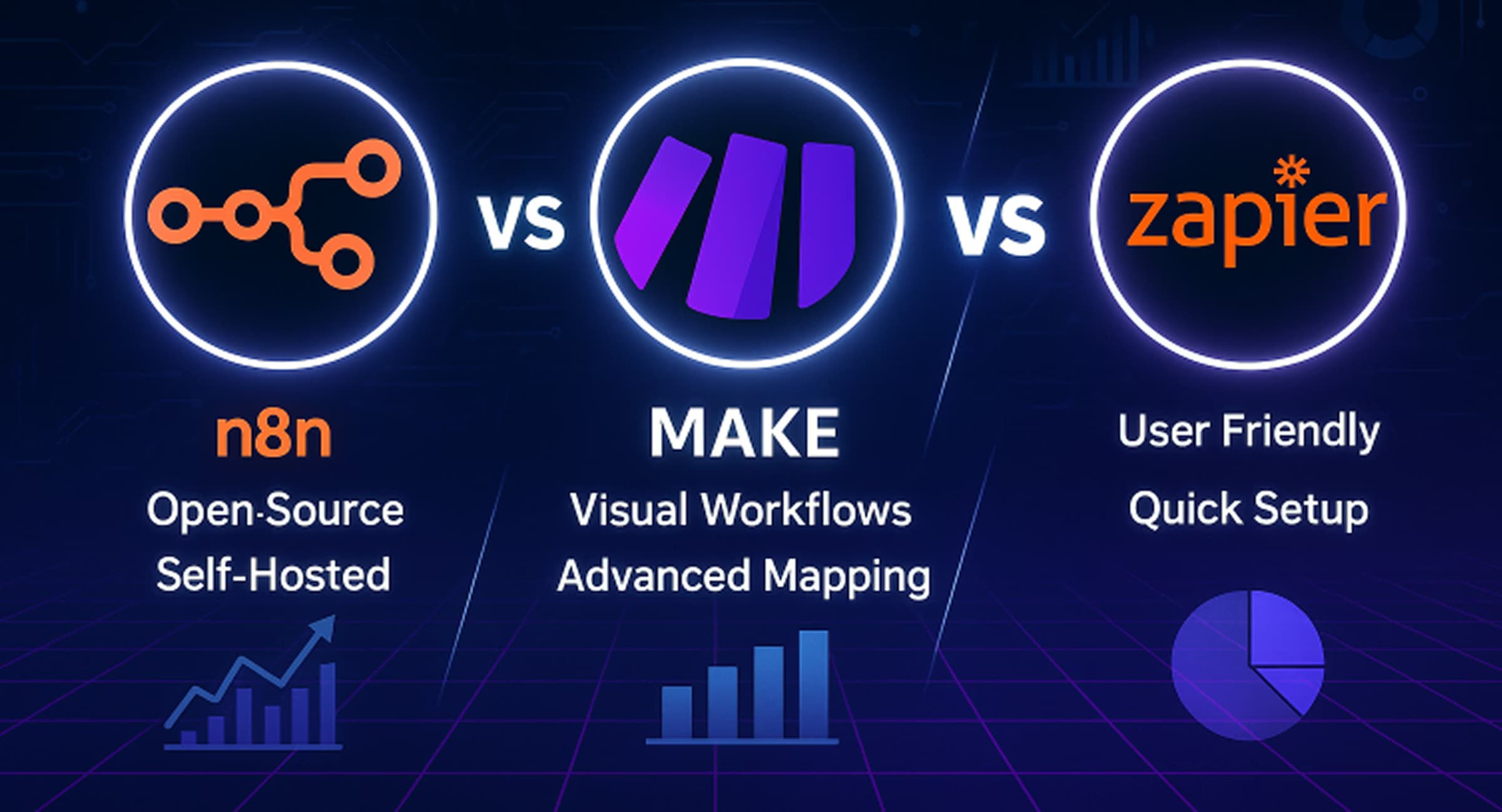 Comparison of Zapier, Make, and n8n logos
