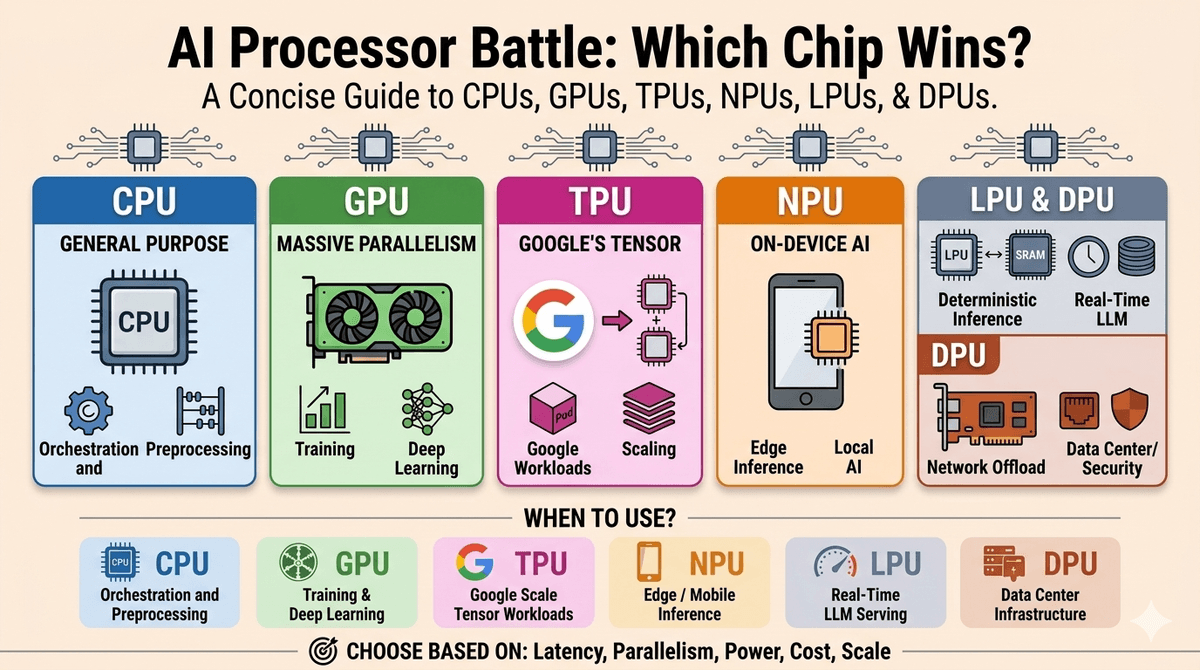 CPU vs GPU vs TPU vs NPU vs LPU vs DPU — 2026 年六大 AI 晶片全面解析