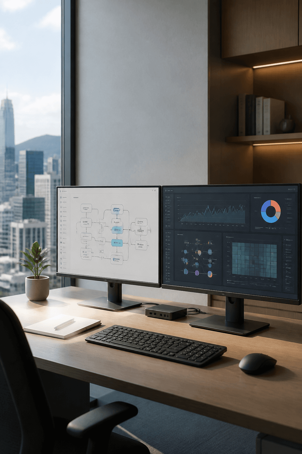 Operations desk with workflow and analytics screens for AI automation.