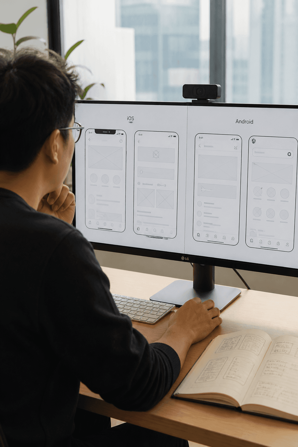 Designer reviewing cross-platform mobile wireframes