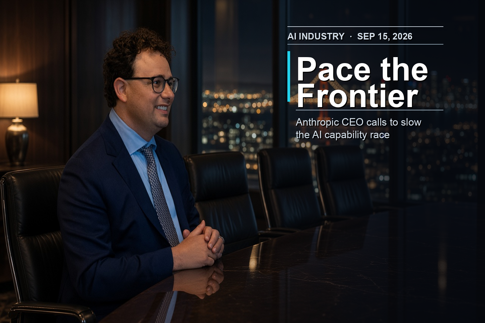 Dario Amodei (photo: Simon Walker / No. 10 Downing Street, CC BY 2.0) with Pace the Frontier headline