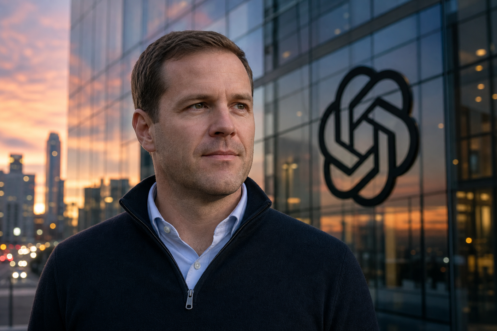 Brad Lightcap with OpenAI logo against San Francisco dusk skyline