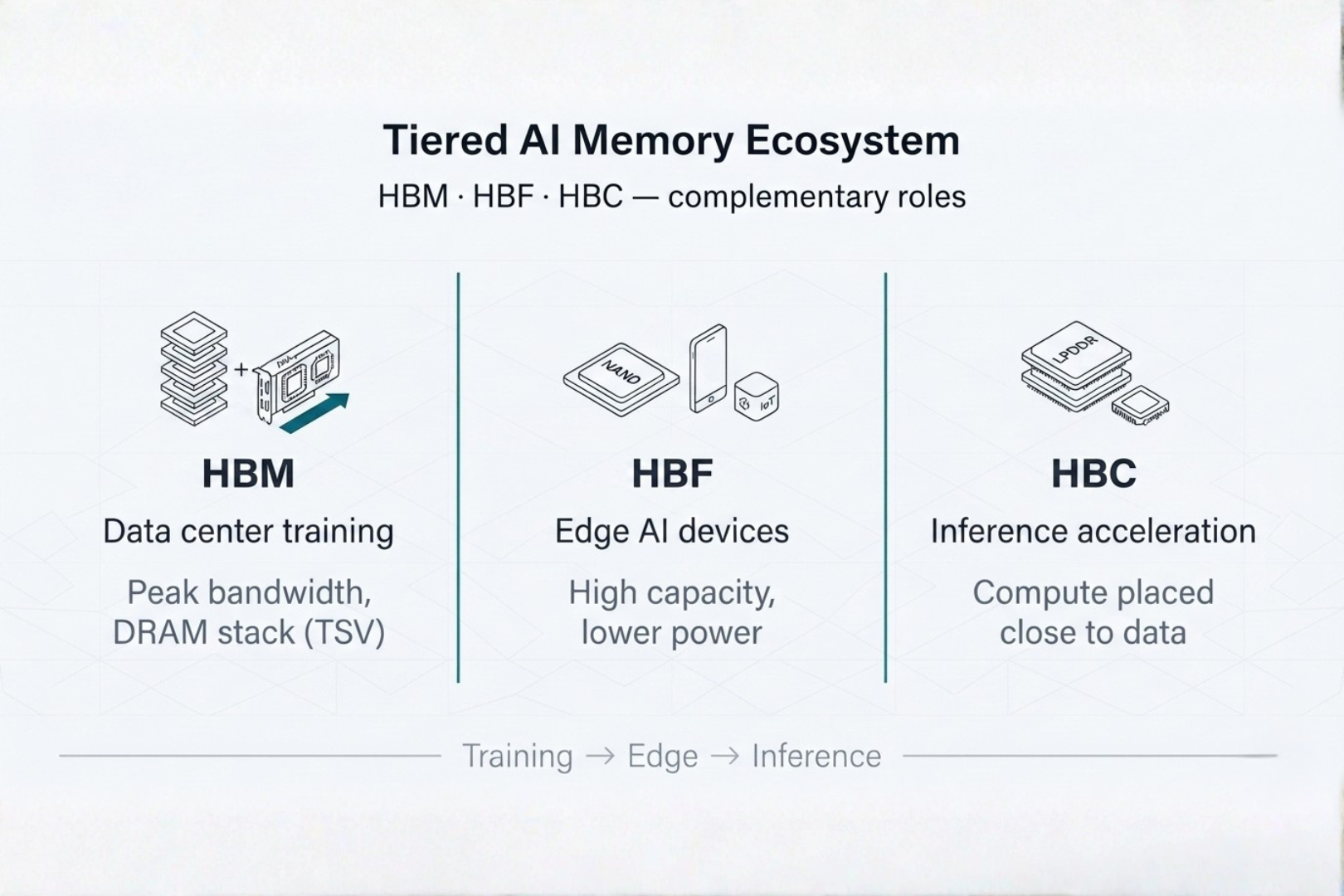 Tiered AI memory ecosystem — HBM, HBF, and HBC placeholder diagram