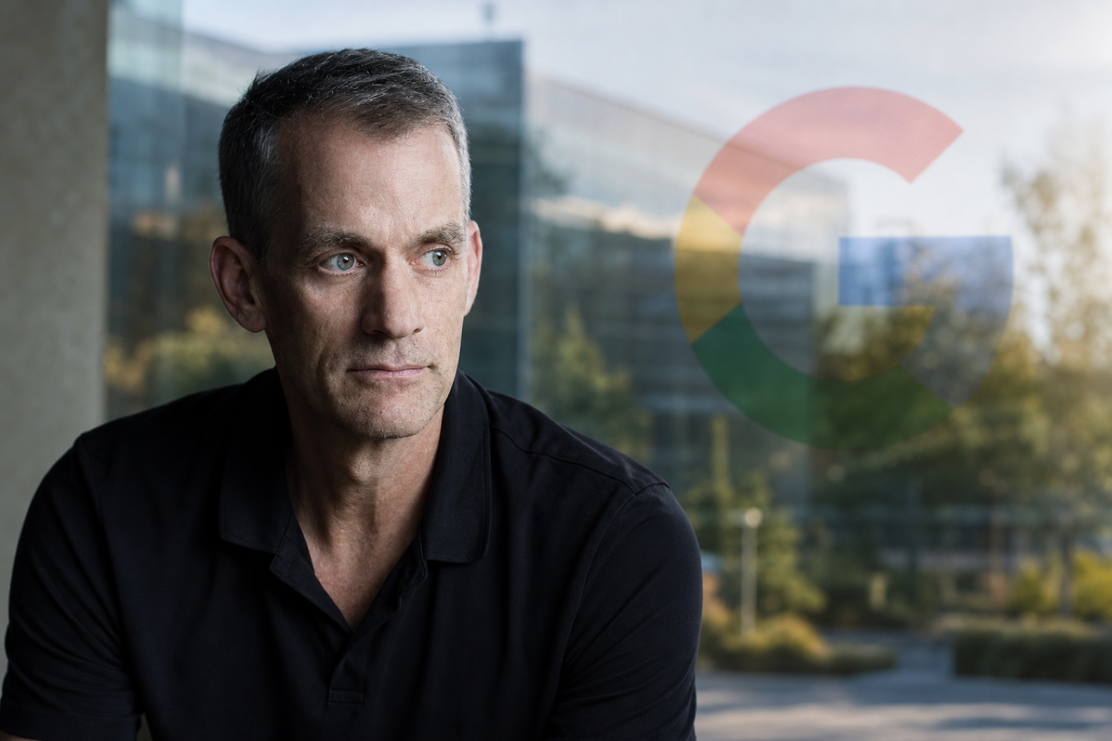 Jeff Dean portrait farewell with faded Google logo