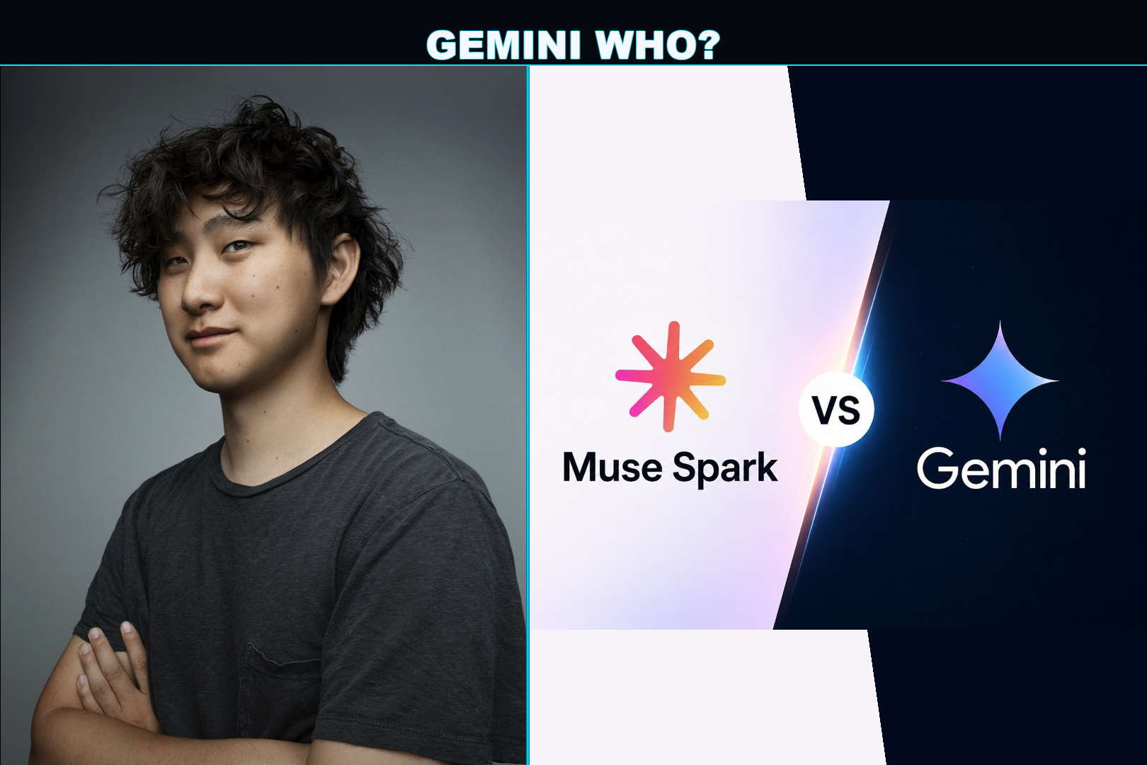 Alexandr Wang beside Muse Spark 1.3 and Gemini logos under headline Gemini Who?