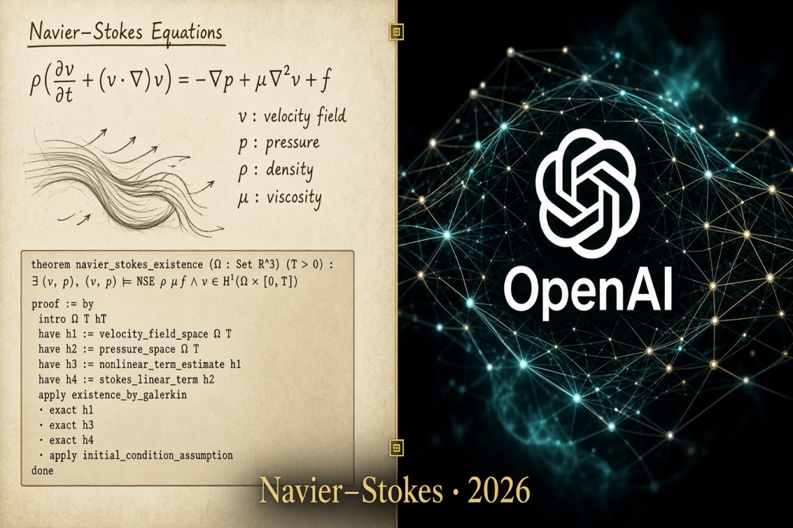 Split academia chalkboard and AI agent grid representing the Navier–Stokes front-running controversy