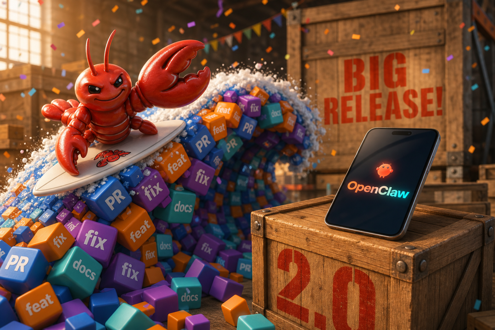OpenClaw 2.0 release — cartoon lobster surfing a PR wave, 2.0 crate, OpenClaw logo on tablet