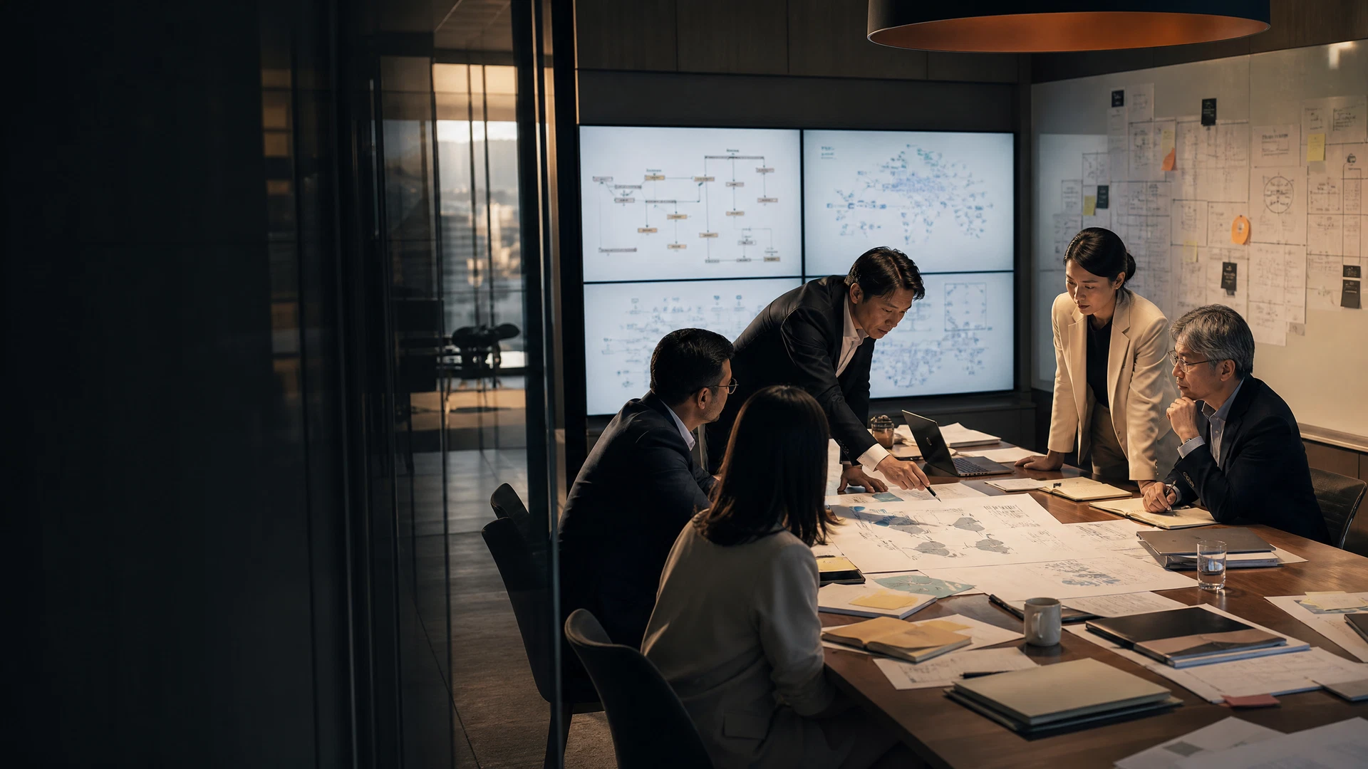 Consultants and operations leaders reviewing a workflow in a working session
