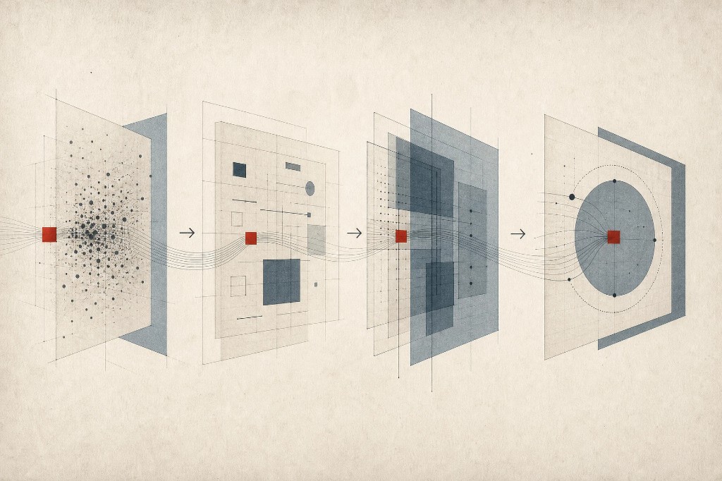 Abstract illustration of a four-stage AI consulting process